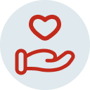 Icône main avec cœur rouge représentant l'engagement local de Myseety