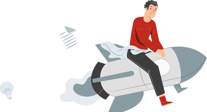 Illustration d'un homme assis sur une fusée symbolisant le lancement de campagne