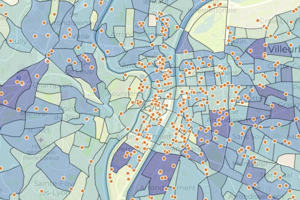 Carte d’une ville représentant la géolocalisation des emplacements d’affichage Myseety